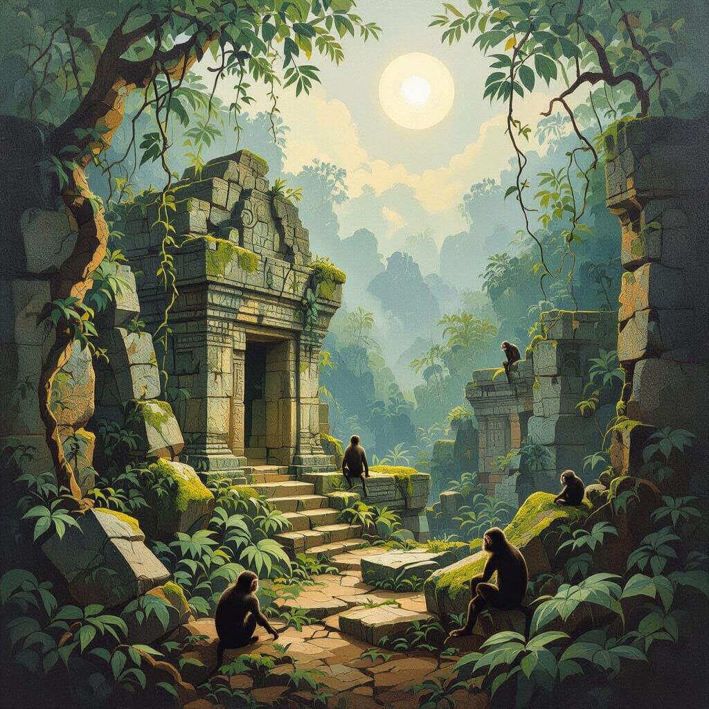 Cubist Lost City of Monkey God in Jungle Moonlight