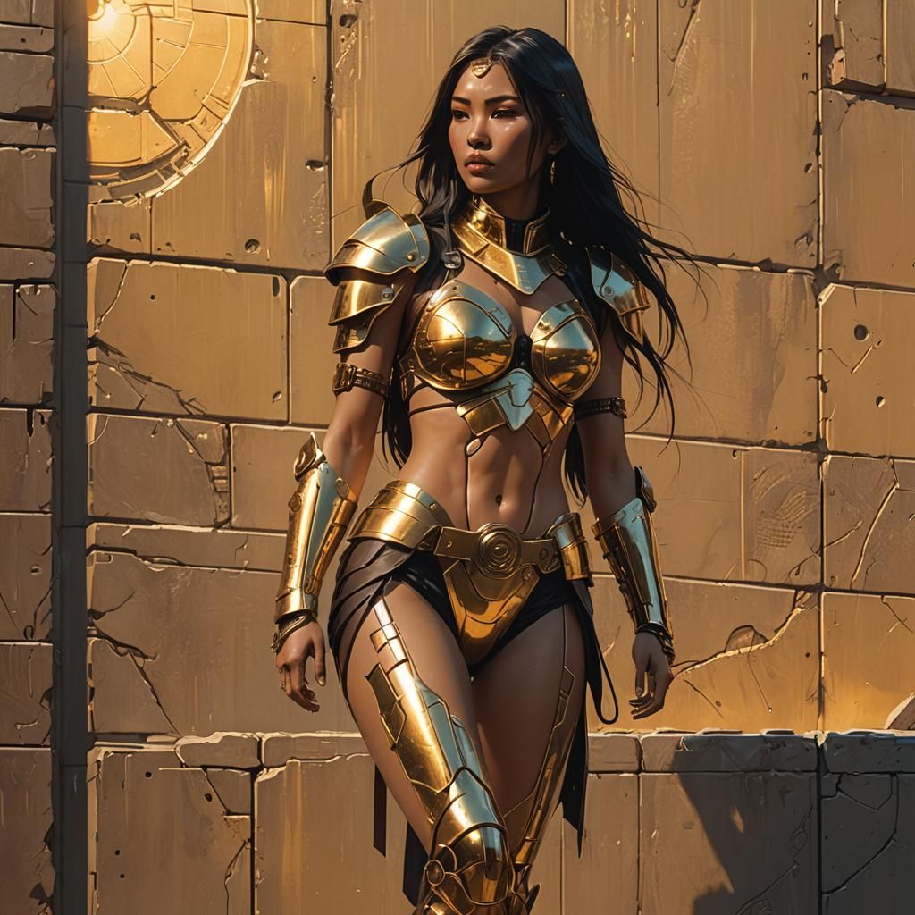 Cyberpunk Woman in Golden Bikini at Sunset