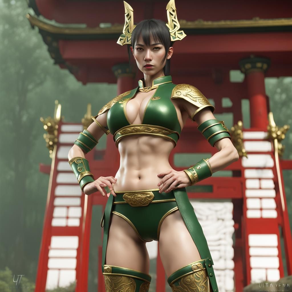 Japanese Female Warrior Under Shinto Shrine Arch