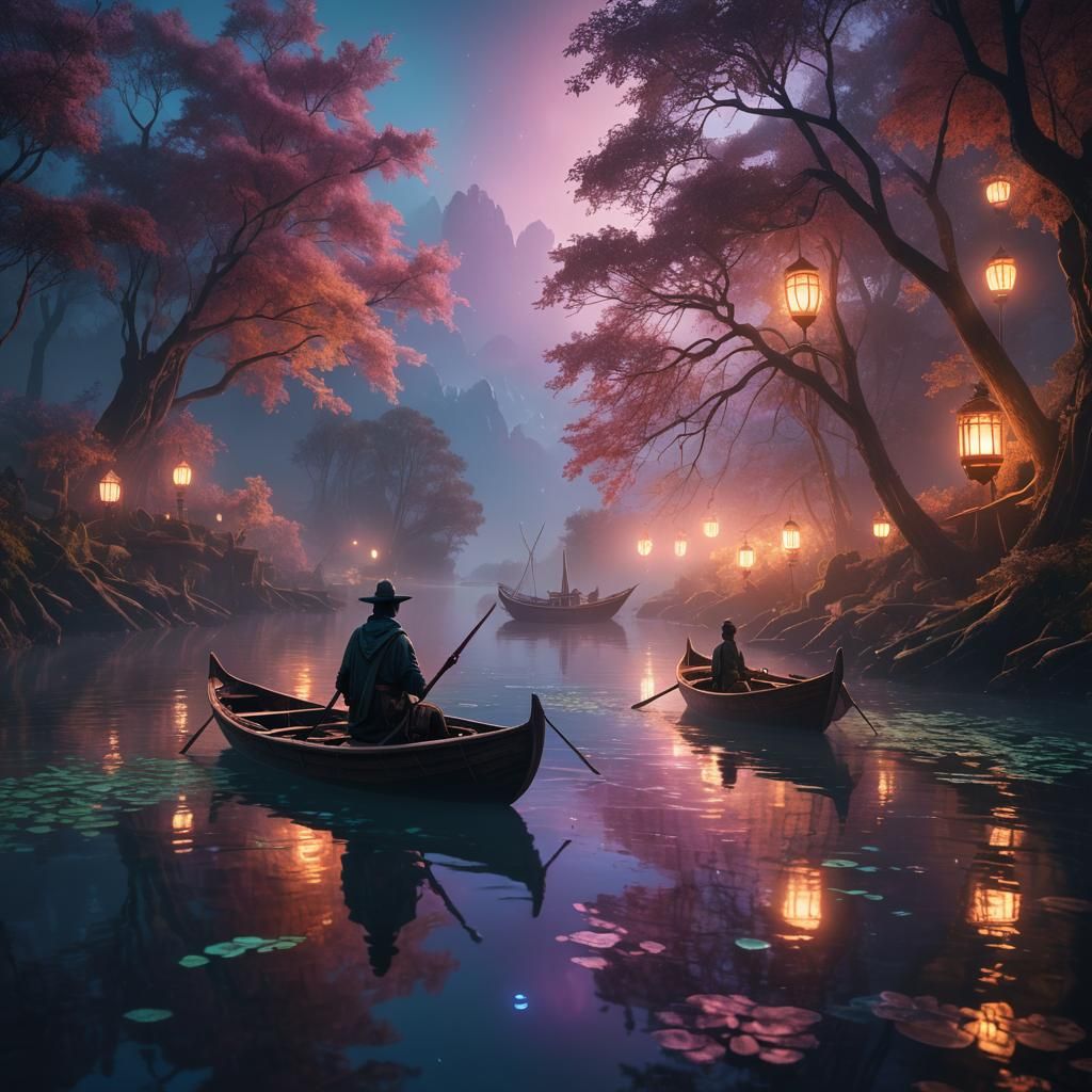 Mystical Figure on Iridescent River: Matte Painting