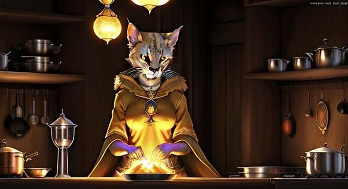 Khajiit Wizard in Anime Style Kitchen
