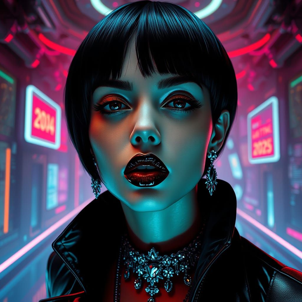 Glamorous Cyberpunk Woman in a Neon-Lit Cityscape