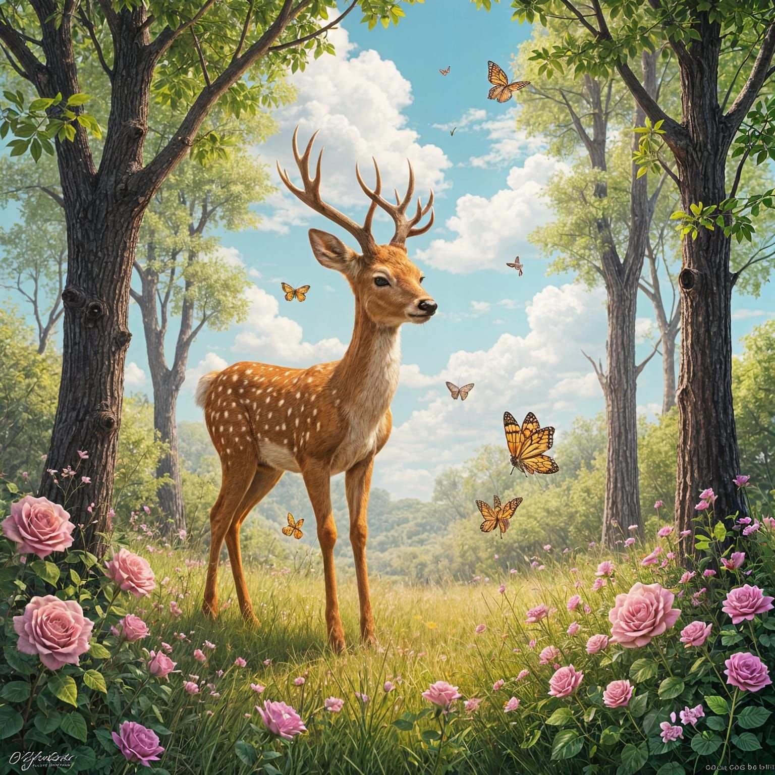 Surreal Impressionist Deer in Vibrant Meadow Landscape