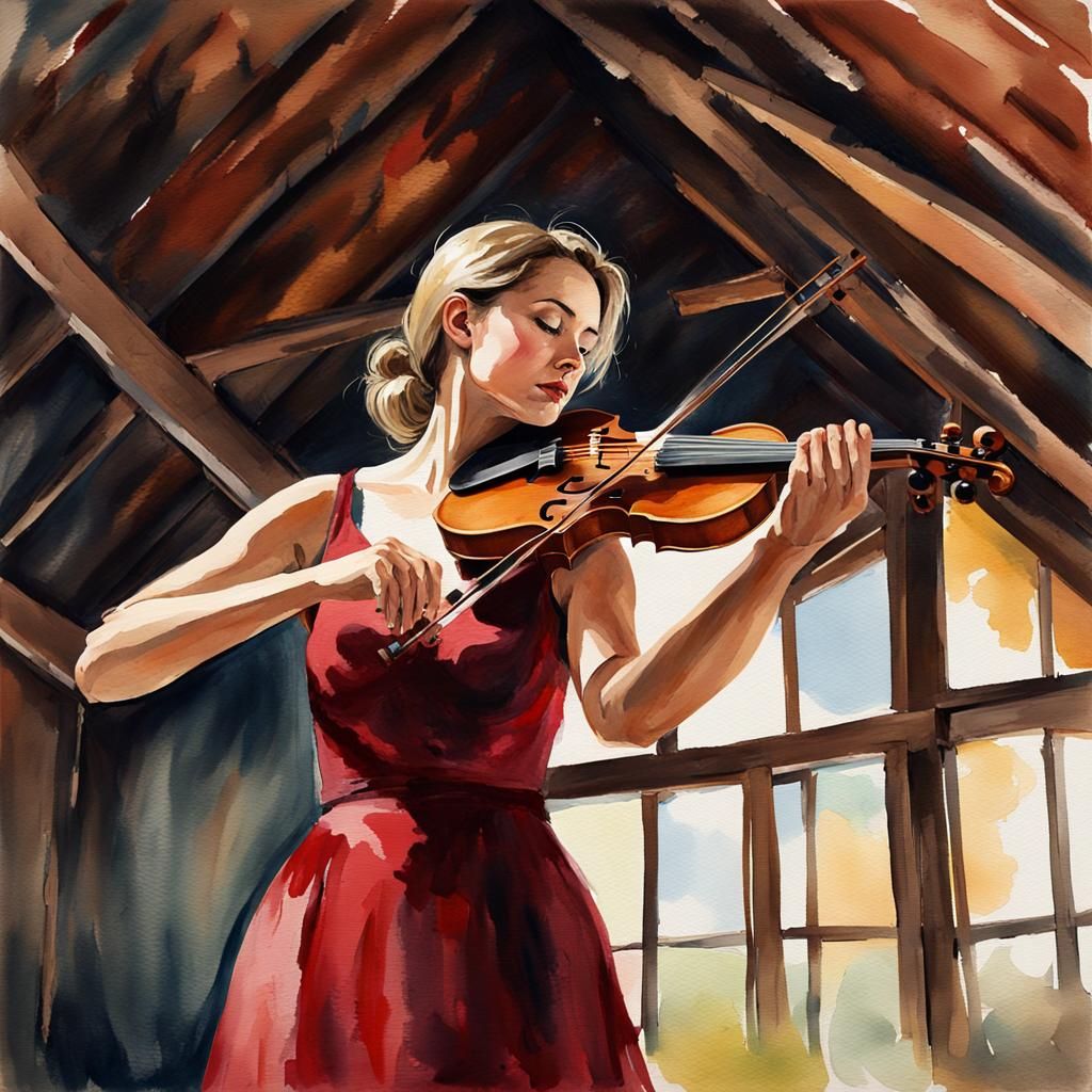 Lady Plays Violin in Barn, Impressionist Watercolor