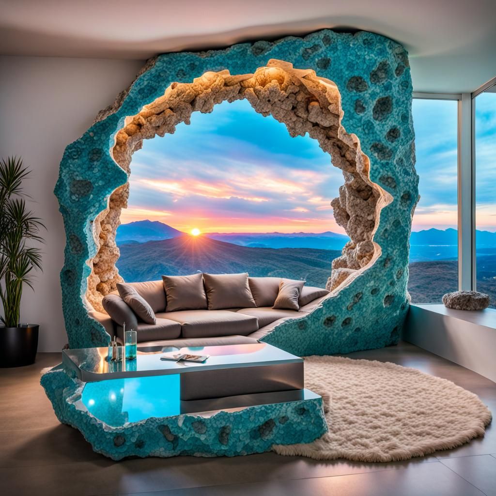 Turquoise Geode Home Cave at Sunset in Hypermodernism Style