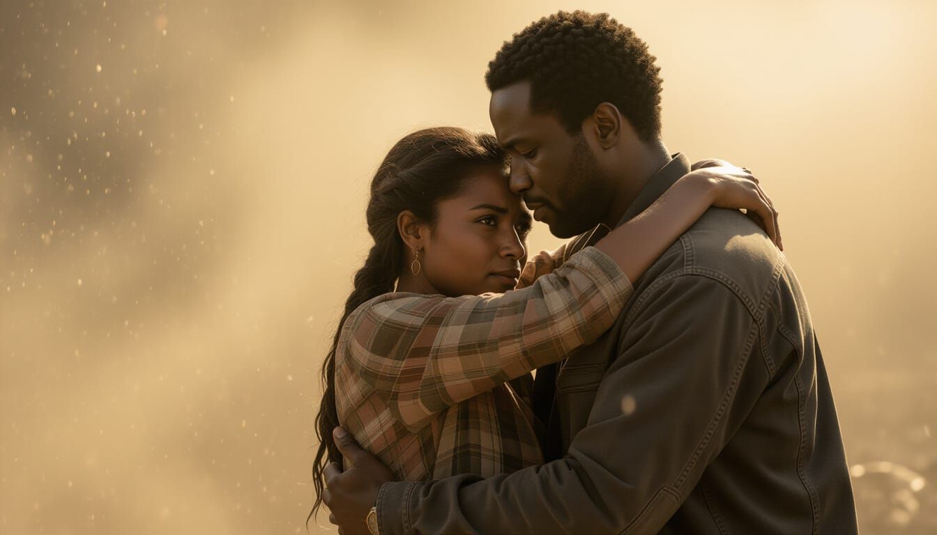 Siblings Embrace as Ash Falls: Vintage Cinematic Image