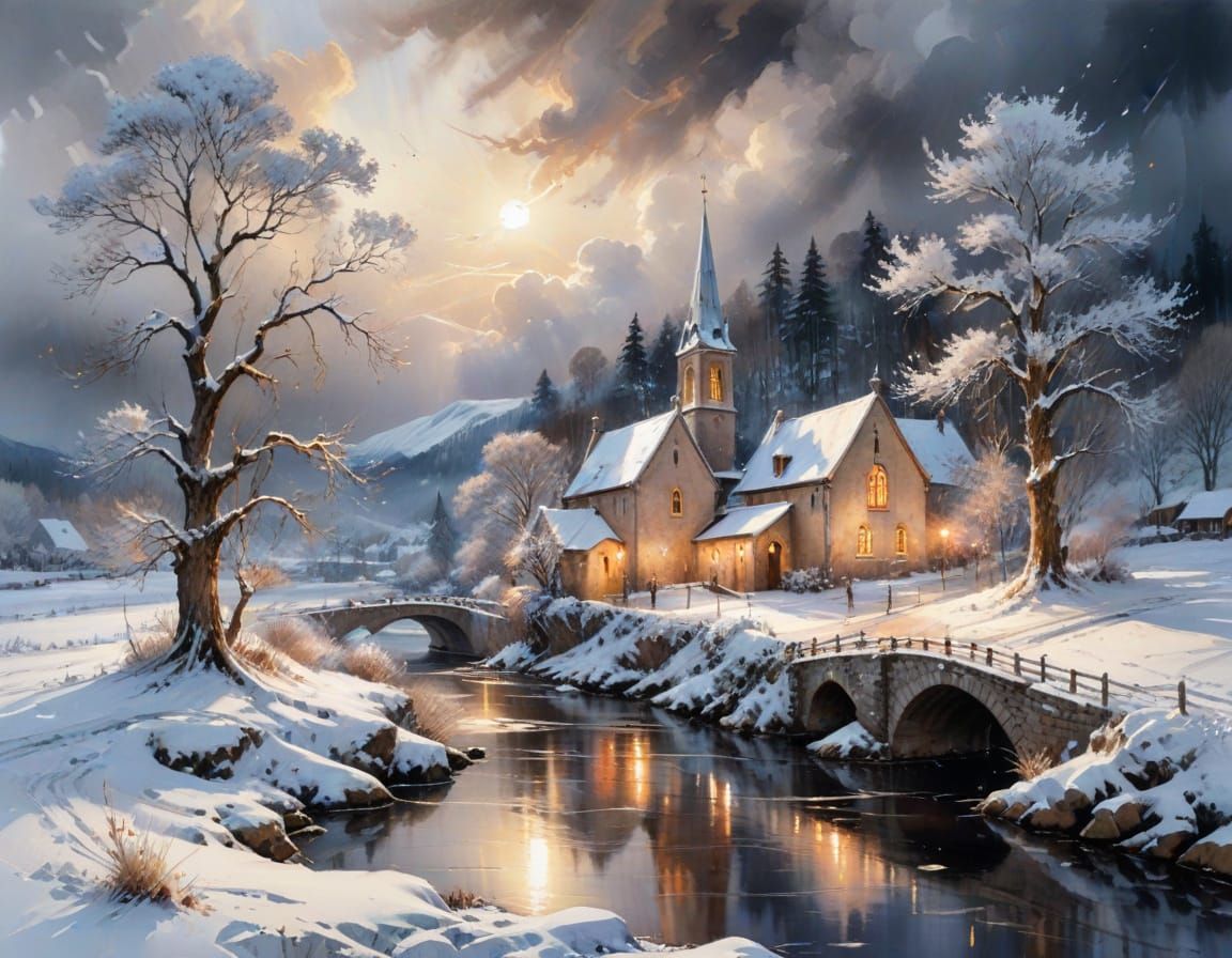 Snowy Village: Hyperrealistic Winter Landscape in Watercolou...