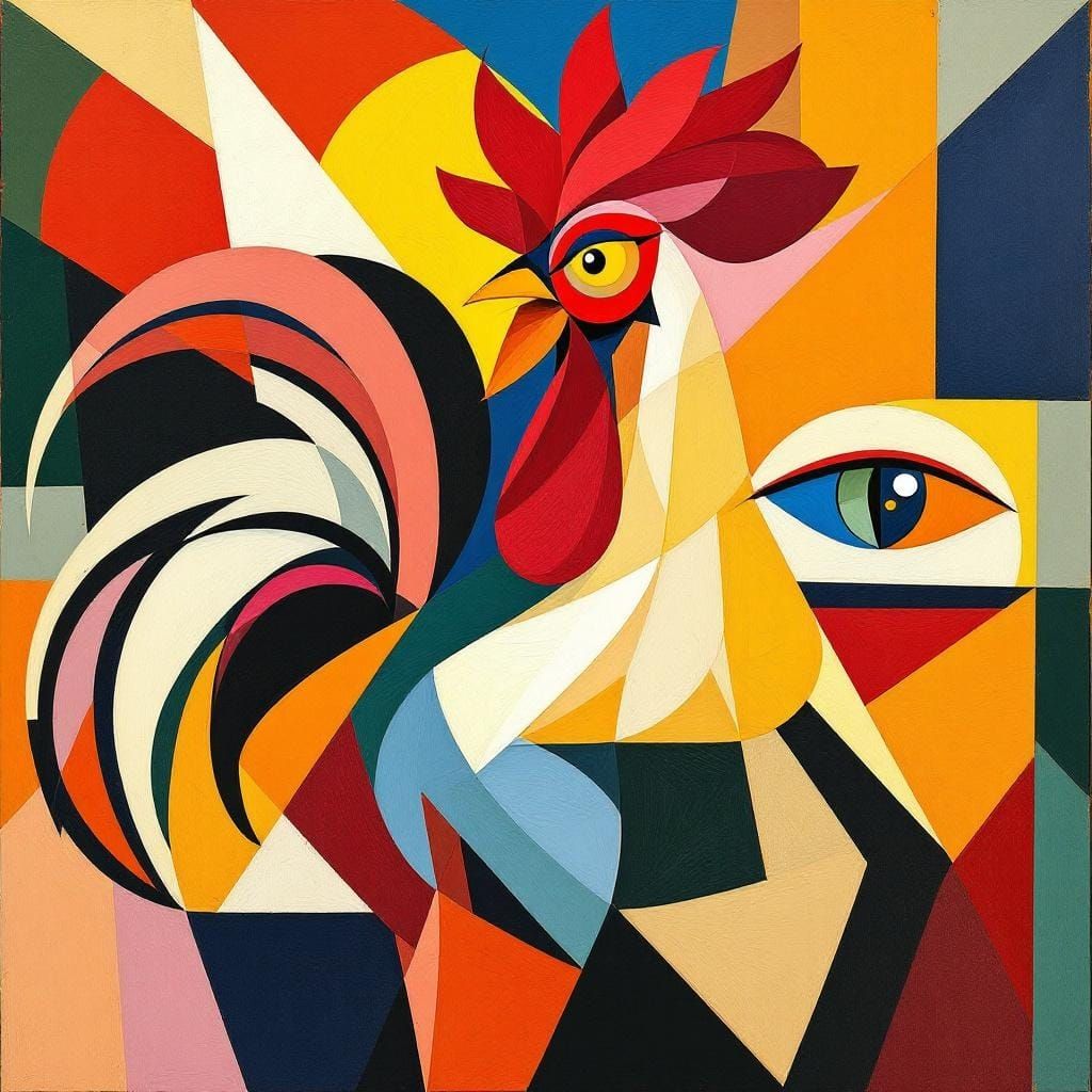 Cubist Rooster in Style of Picasso and Gris