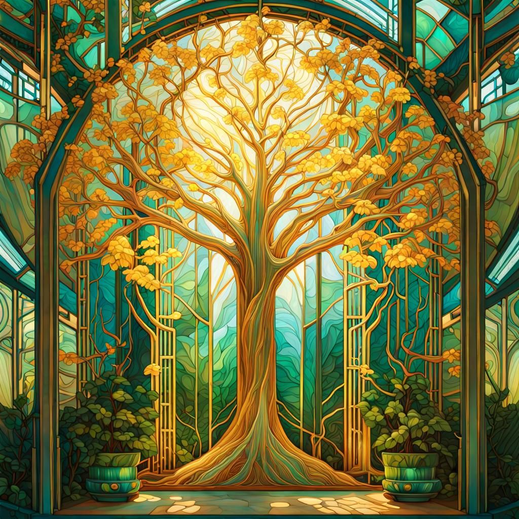 Art Nouveau Beech Tree in Luminous Greenhouse