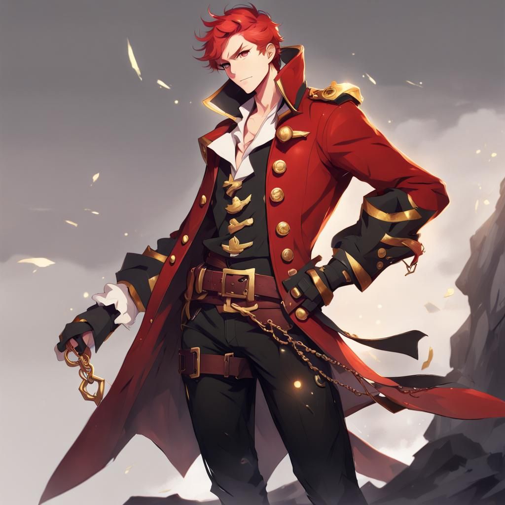 Red-Haired Pirate Captain in Genshin Impact Style
