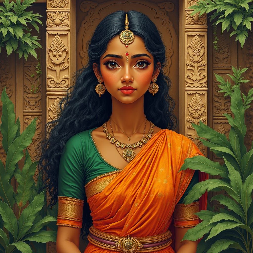 Tamil Woman in Traditional Attire, Indian Folk Art Style