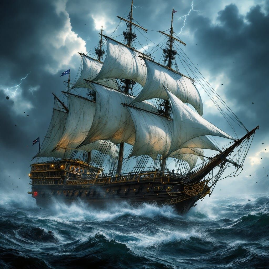 Majestic Pirate Ship Engages in Turbulent Sea Battle
