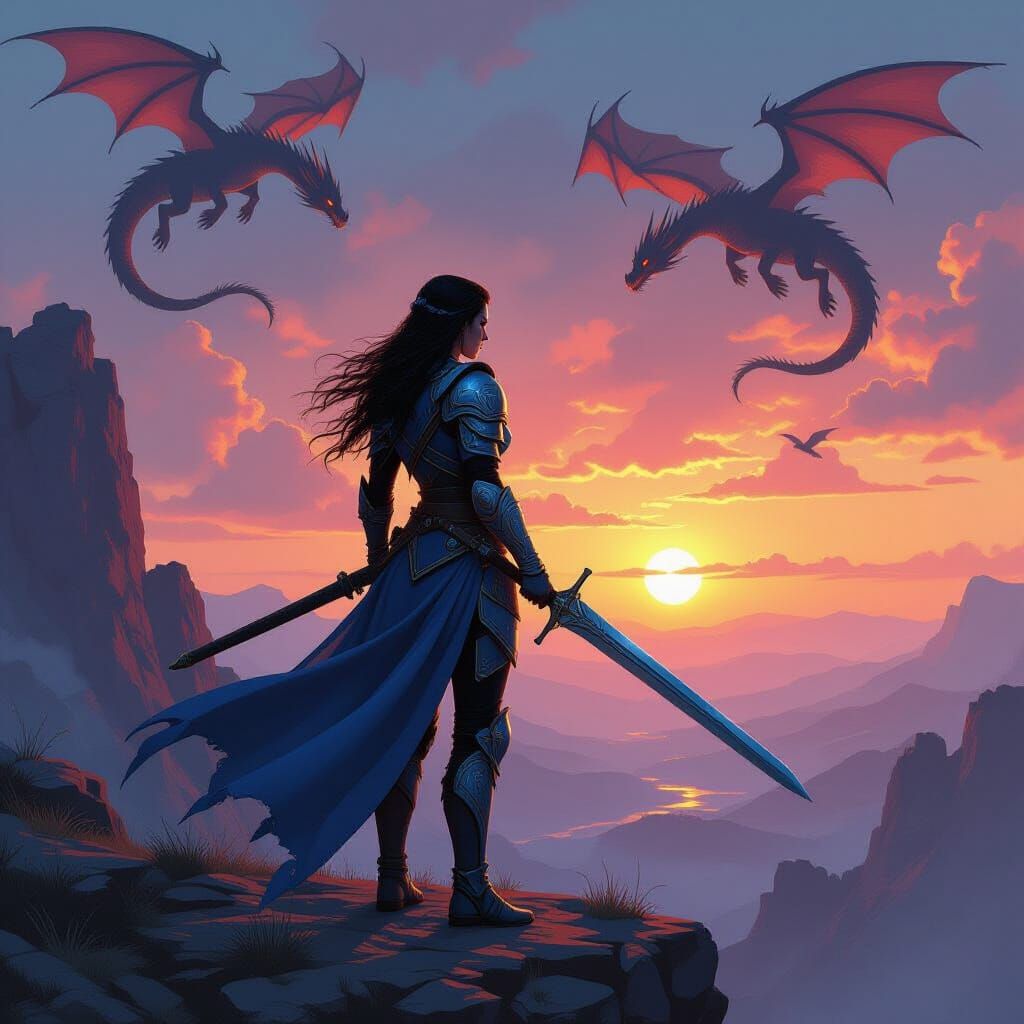Warrior Princess and Dragons at Sunset