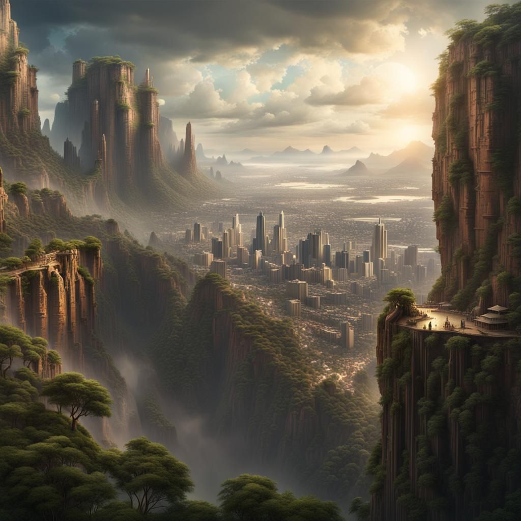 City on Desert Cliffs Overlooking Rainforest