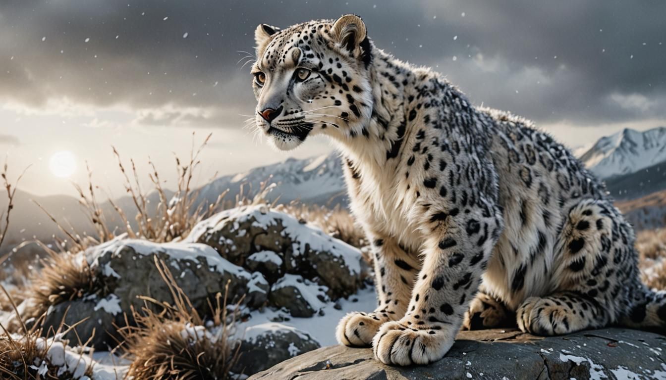 Photorealistic Snow Leopard Portrait with Robotic Eyes