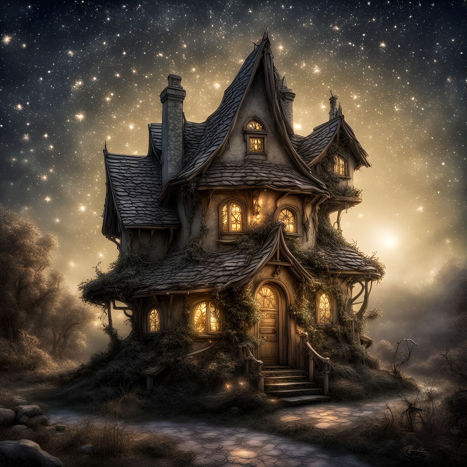 Beautiful fantasy etheareal fantasy fairy house, stars in ba...