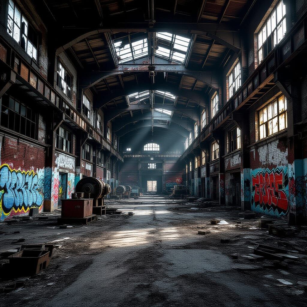 Abandoned Factory Halls with Rusted Machinery and Graffiti