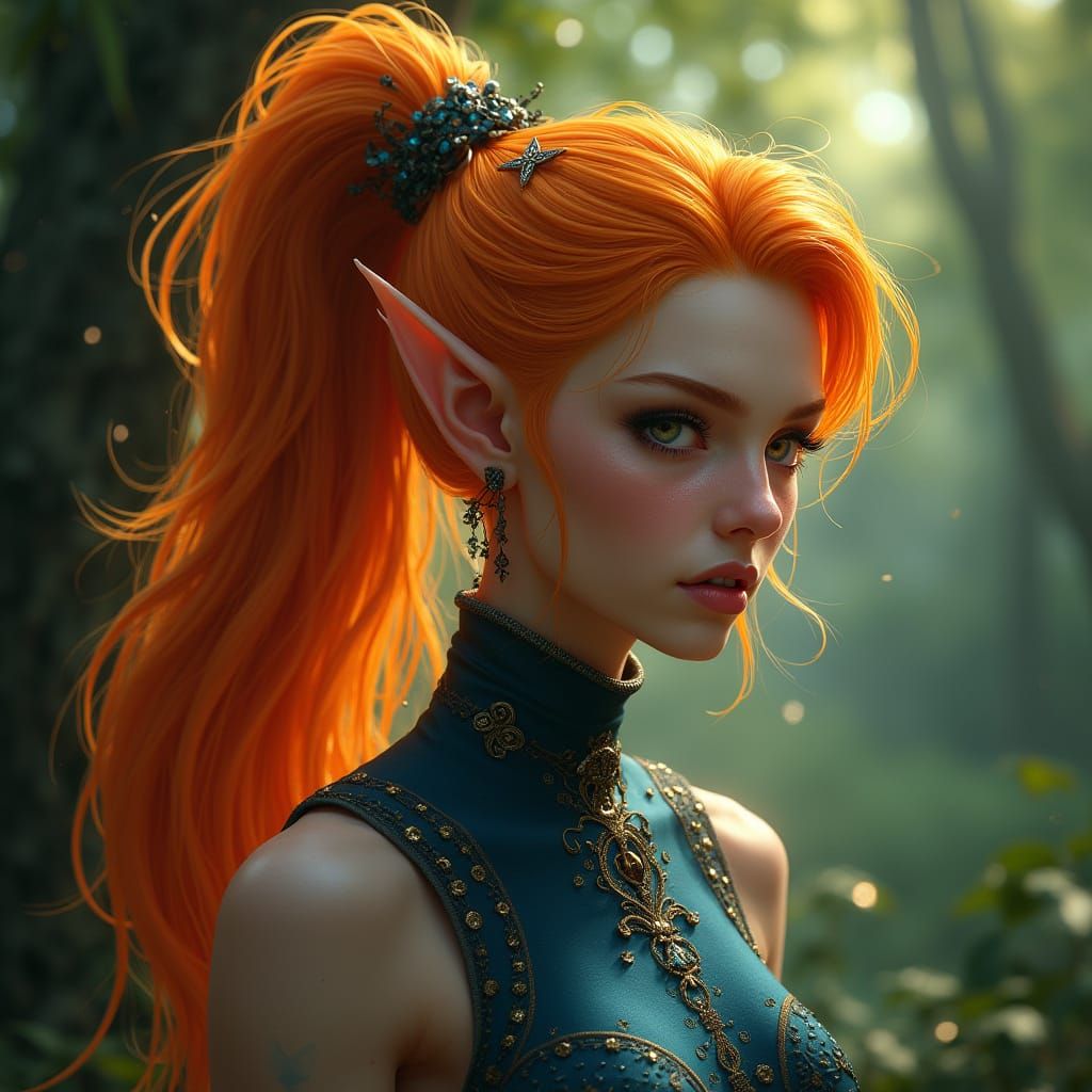 Majestic Elf Druid with Vibrant Orange Hair and Ancient Fore...