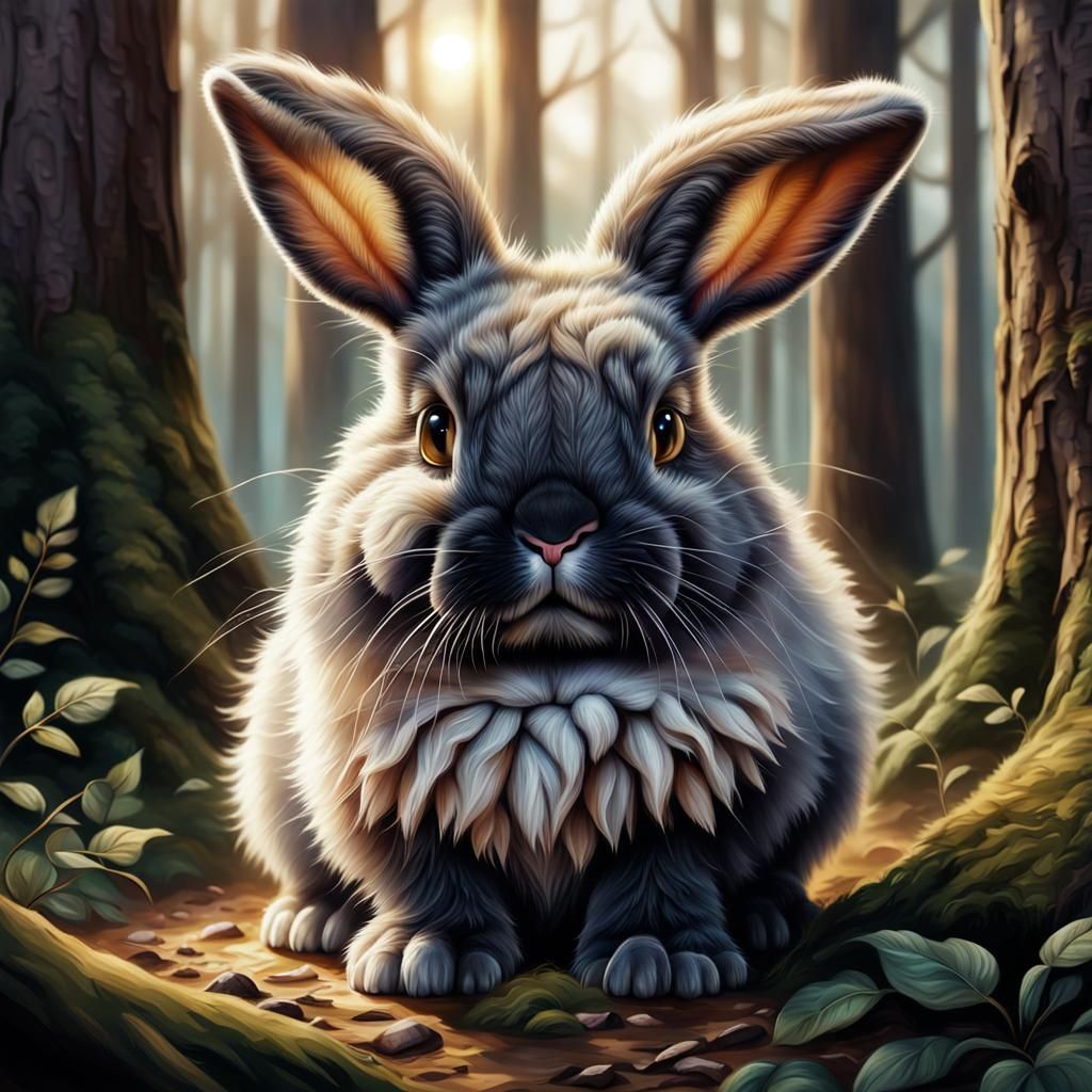 Adorable Fluffy Bunny in Woods: Hyperrealistic Concept Art