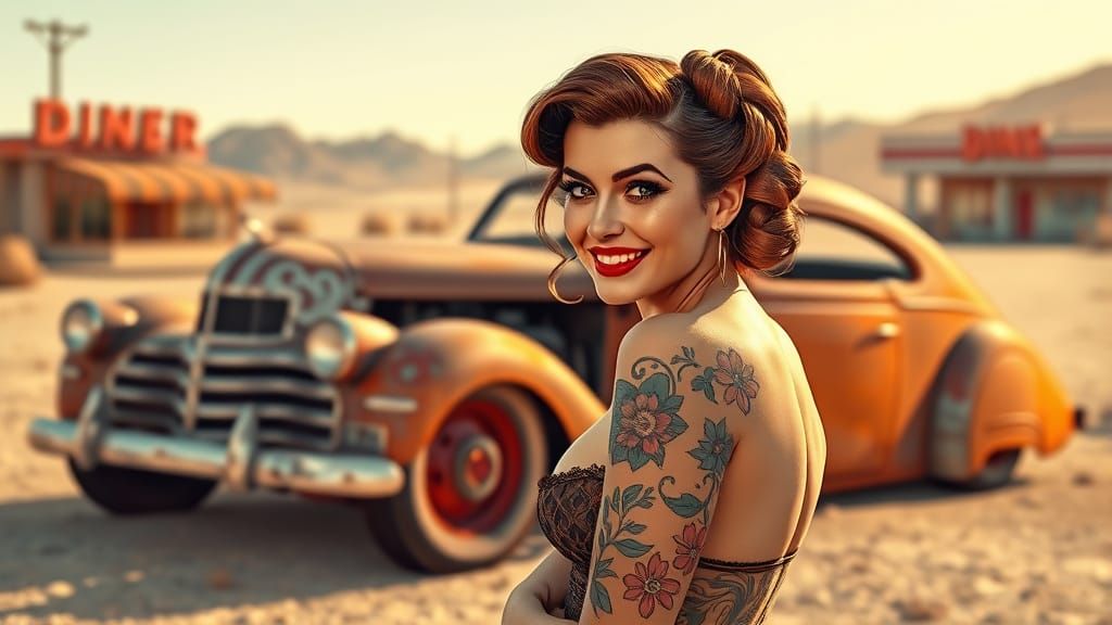 Tattooed Pin-Up Girl in Desert Diner Lot