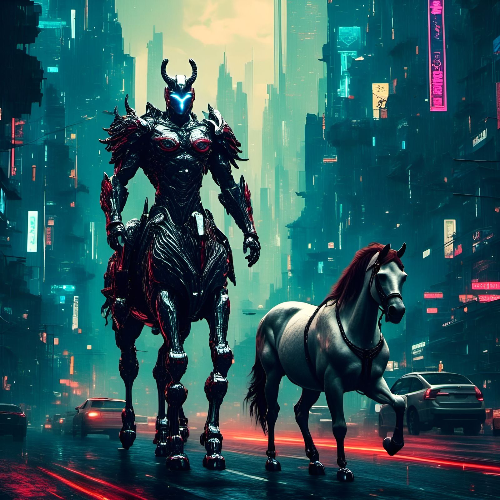 Cyberpunk Centaur Knight in Futuristic City