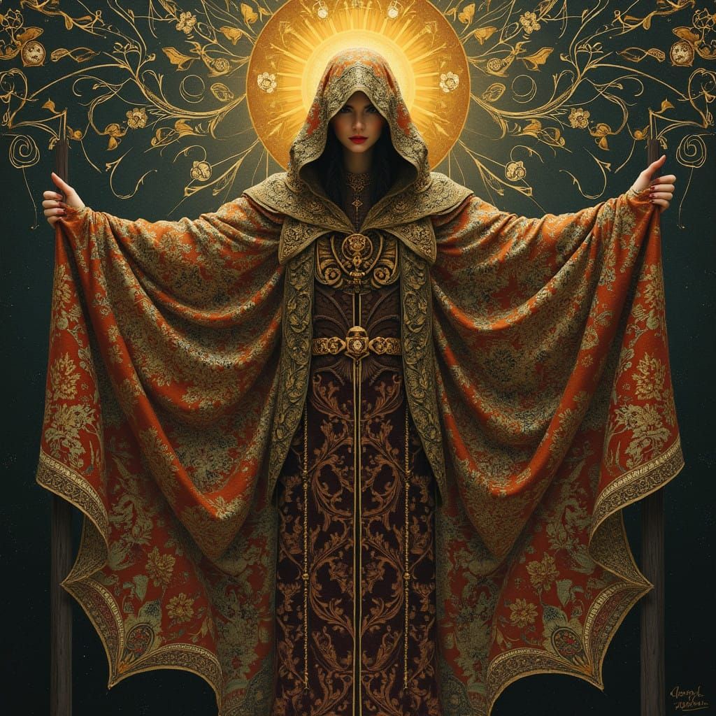 Majestic Cloak with Intricate, Shimmering Patterns of Valor....