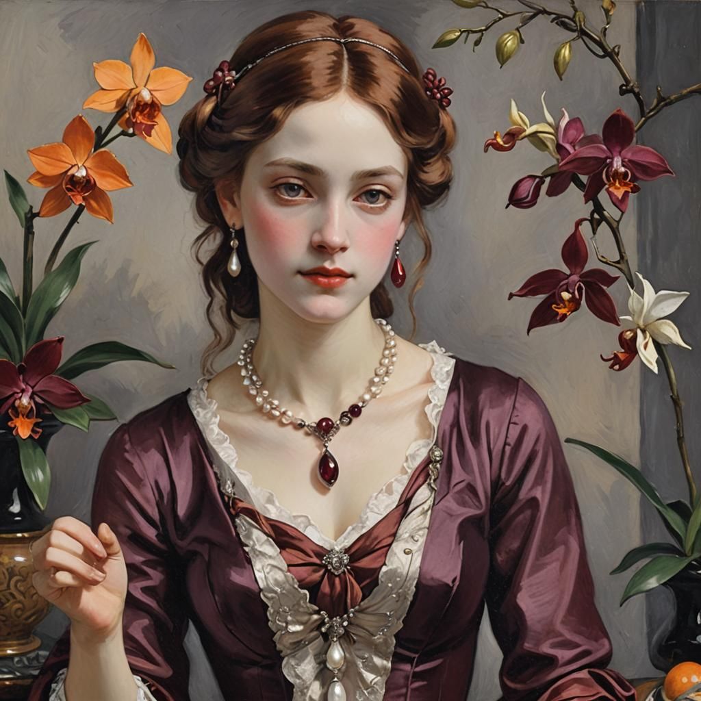 Anime Woman in Impressionist Style with Pearl Necklace