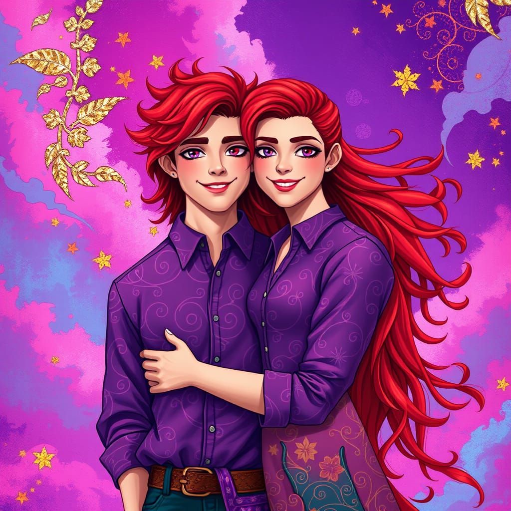 Whimsical Fantasy Couple in Vibrant Violet Shirts