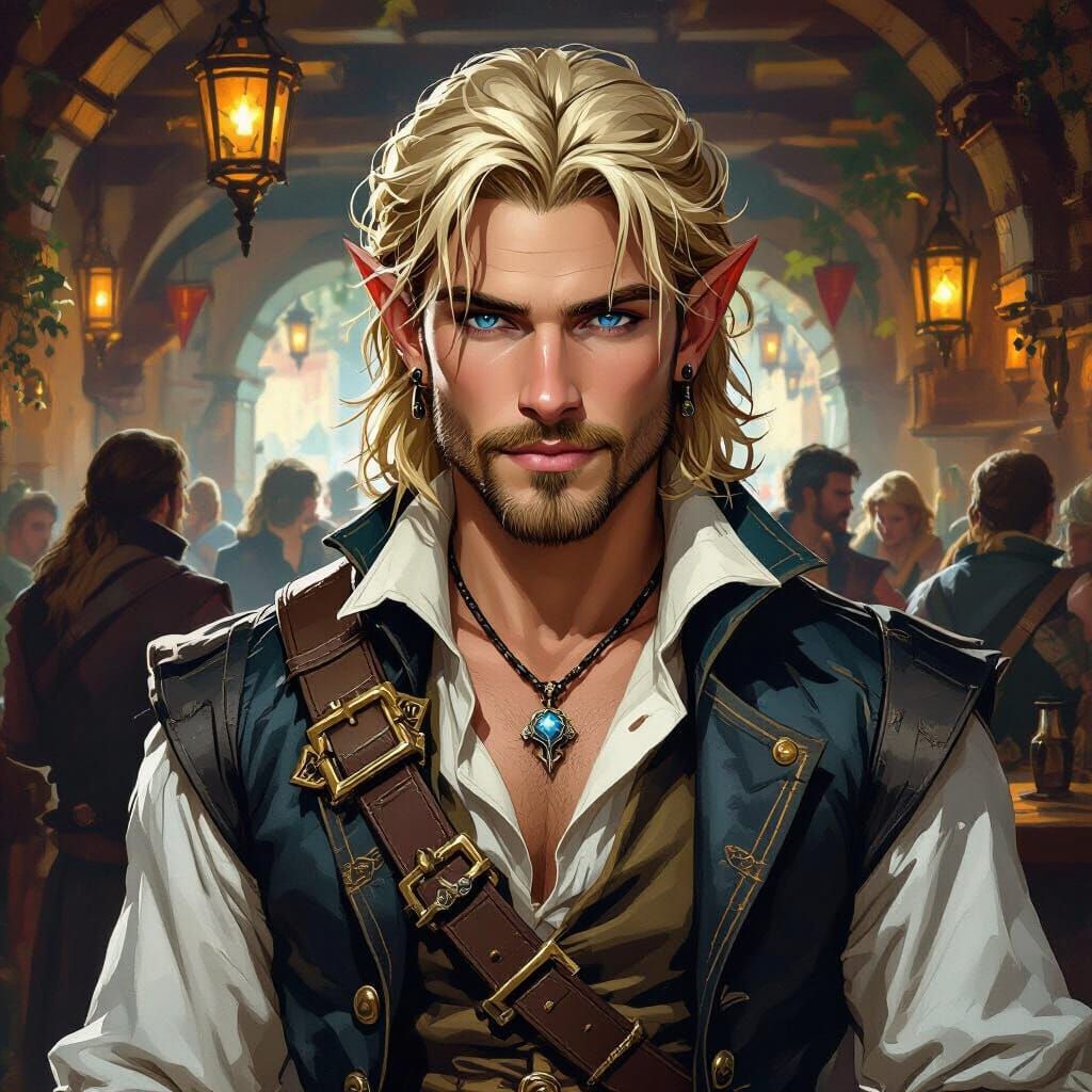 Half-Elf Swashbuckler in Tavern, Fantasy Art