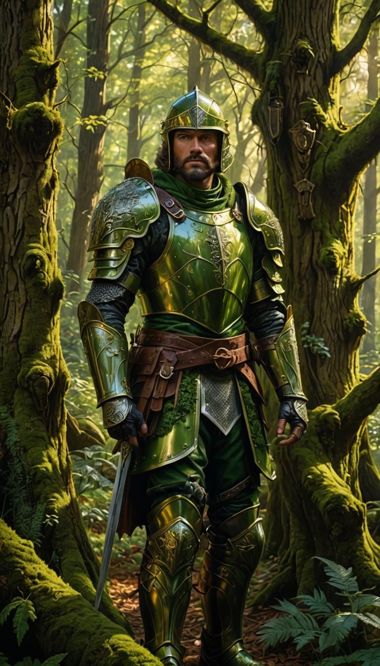 Green Knight Portrait in Forest Light