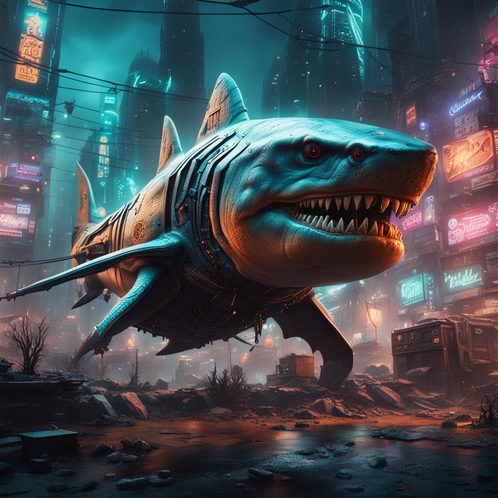 Cyberpunk Cyborg Land Shark in Detailed Matte Painting