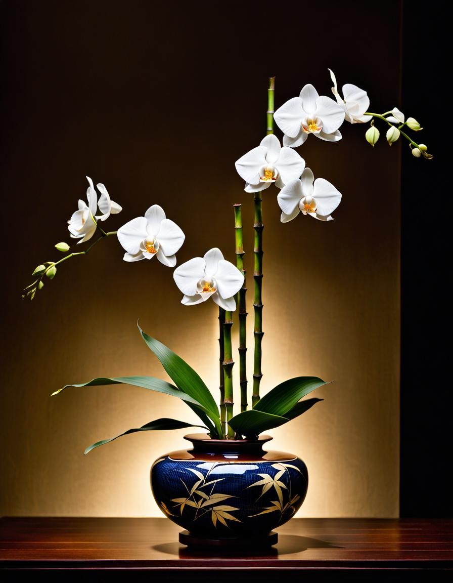 Ikebana Arrangement with White Orchids in Kintsugi Vase