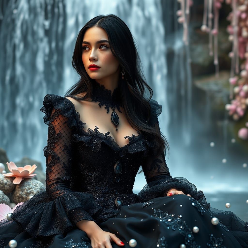 Woman in Black Dress at Waterfall, Digital Art