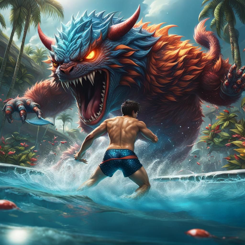 Anime Boy's Poolside Monster Battle in Detailed Fantasy Art