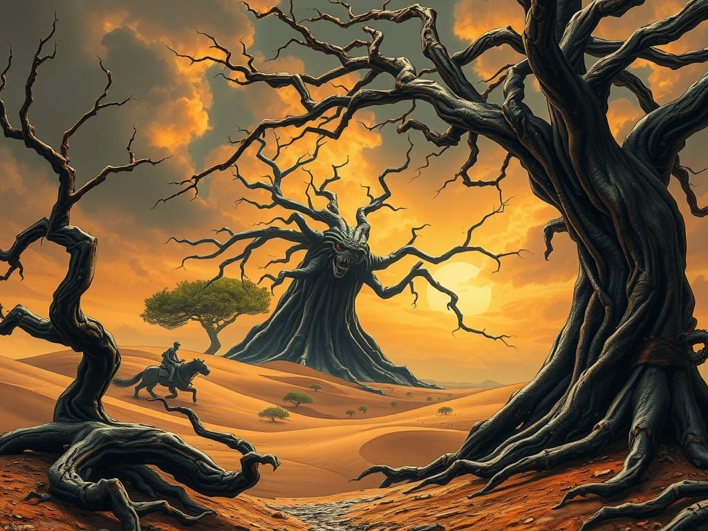 Sinister Struwwelpeter in a Dark Desert Landscape