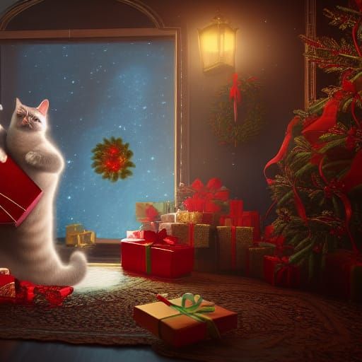 Festive Cat Unwraps Christmas Gifts
