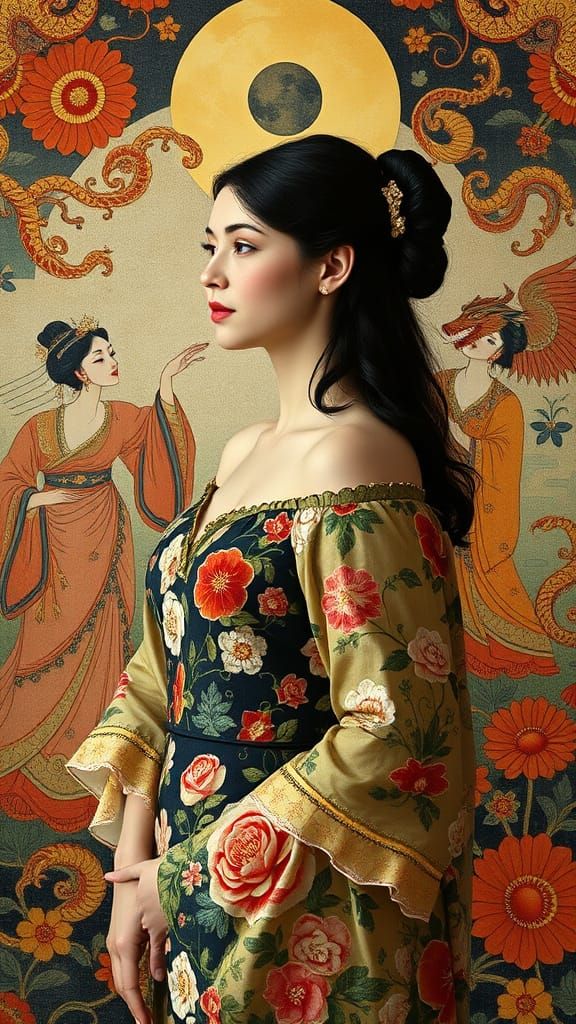 Viennese Woman in Floral Gown with East Asian Dancers in Kli...
