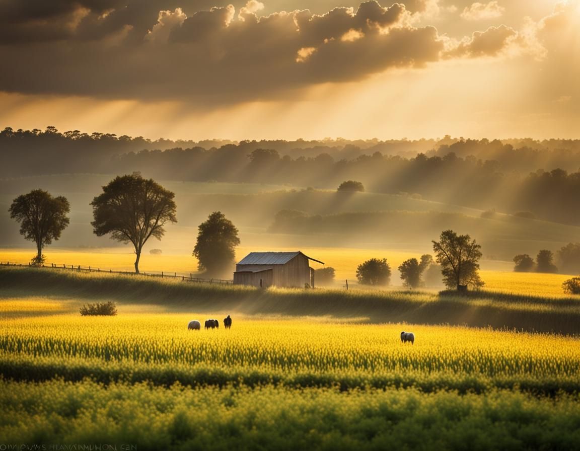 Tranquil Farm Scene with Animals in Sunlight