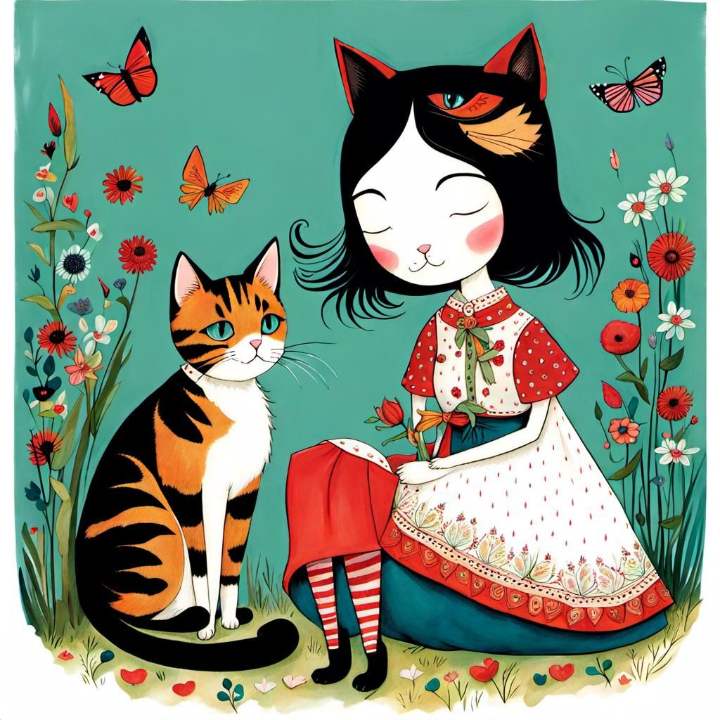 Charming Cat and Girl Illustration