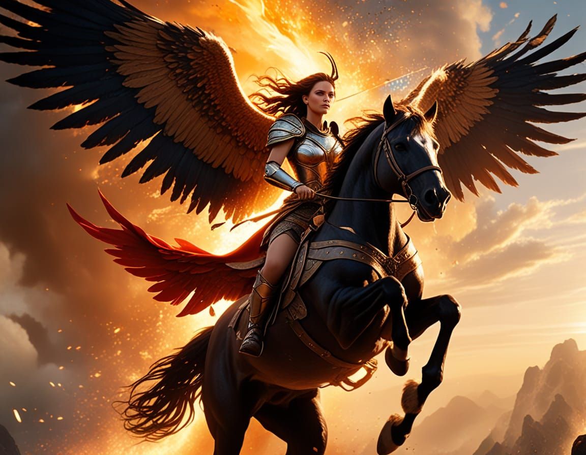 Valkyrie Descending on Winged Steed in Oil Painting Style