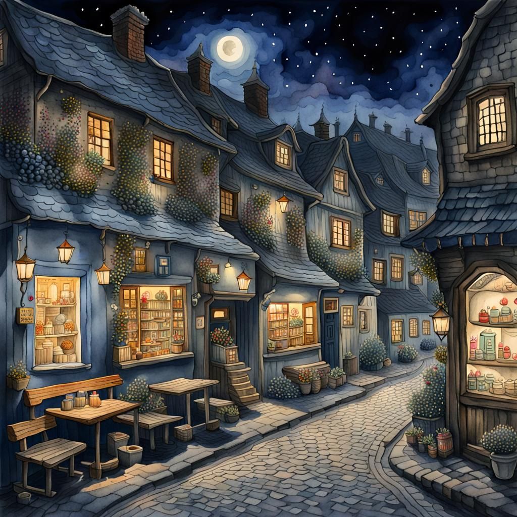 Blueberry Biscuit in Watercolor Fantasy Village