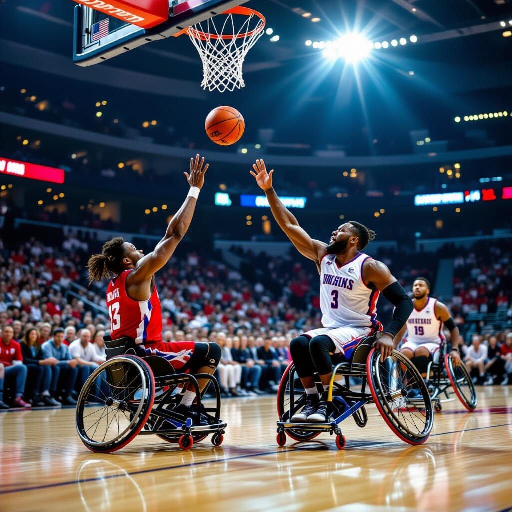 Intense Wheelchair Basketball Action in Stadium