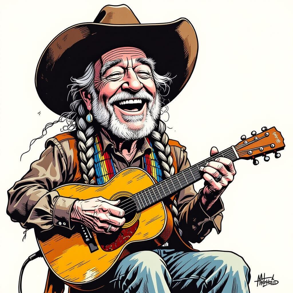 Humorous Willie Nelson Caricature in Editorial Style