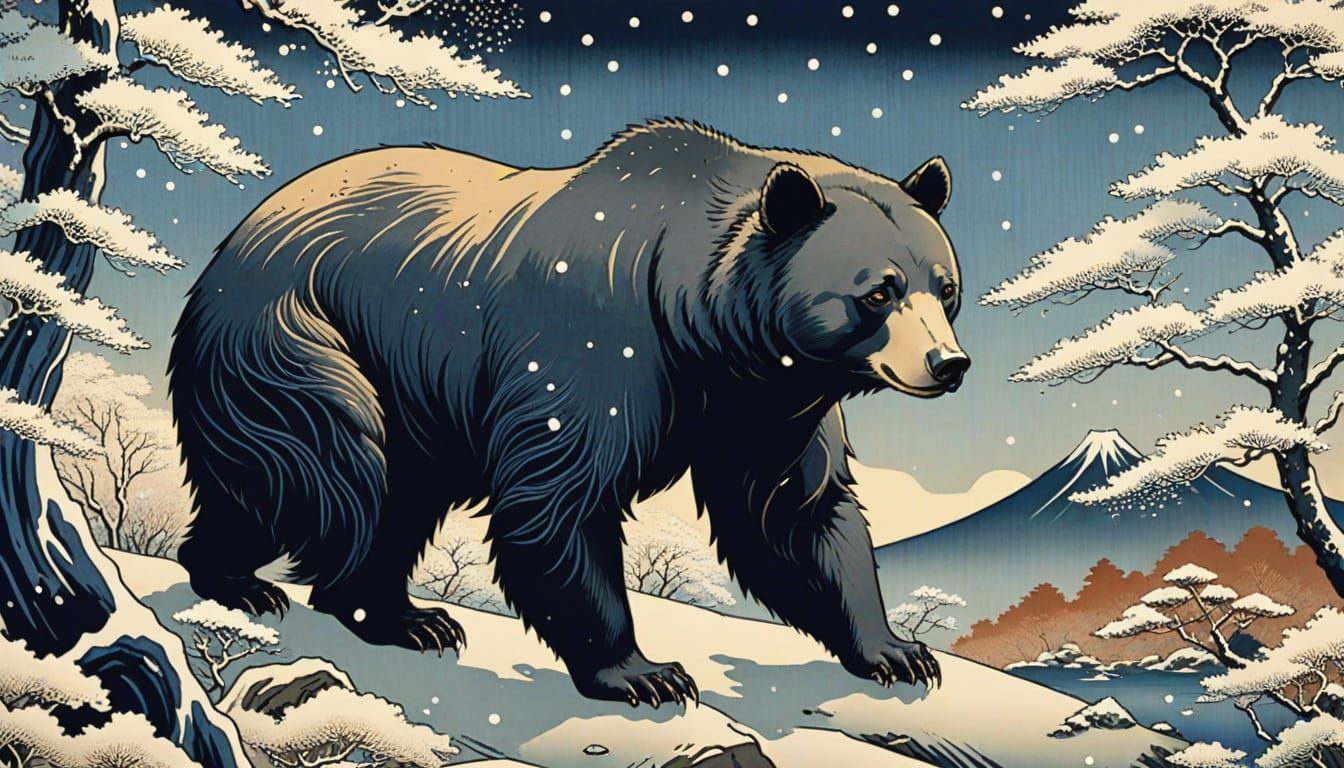 Sacred Black Bear in Niseko Forest, Traditional Japanese Woo...