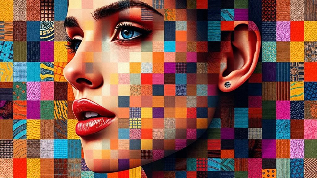 Fashion Model Face in Pixelated Mosaic Art