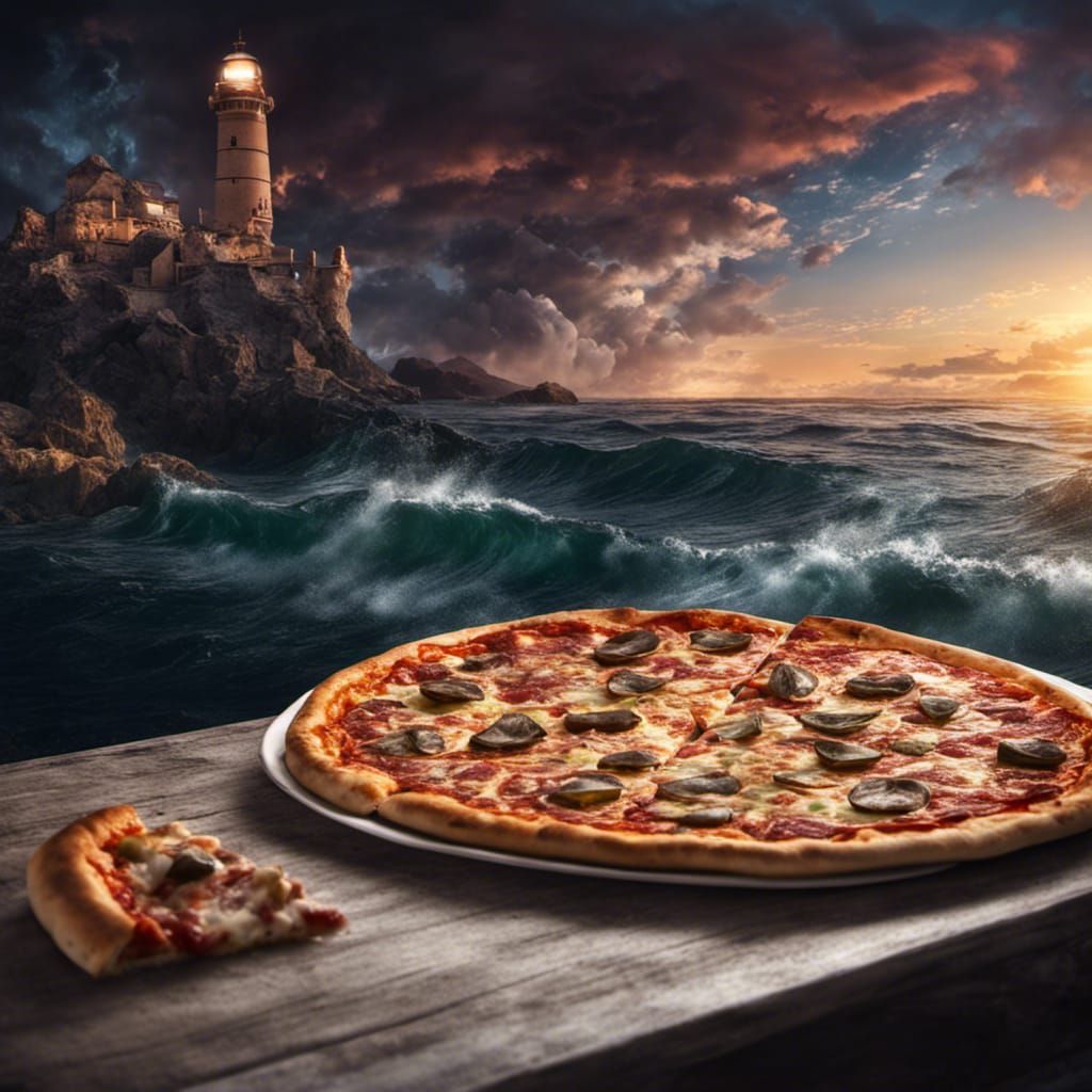 Hyperrealistic Aurora Borealis Over Sea with Pizza