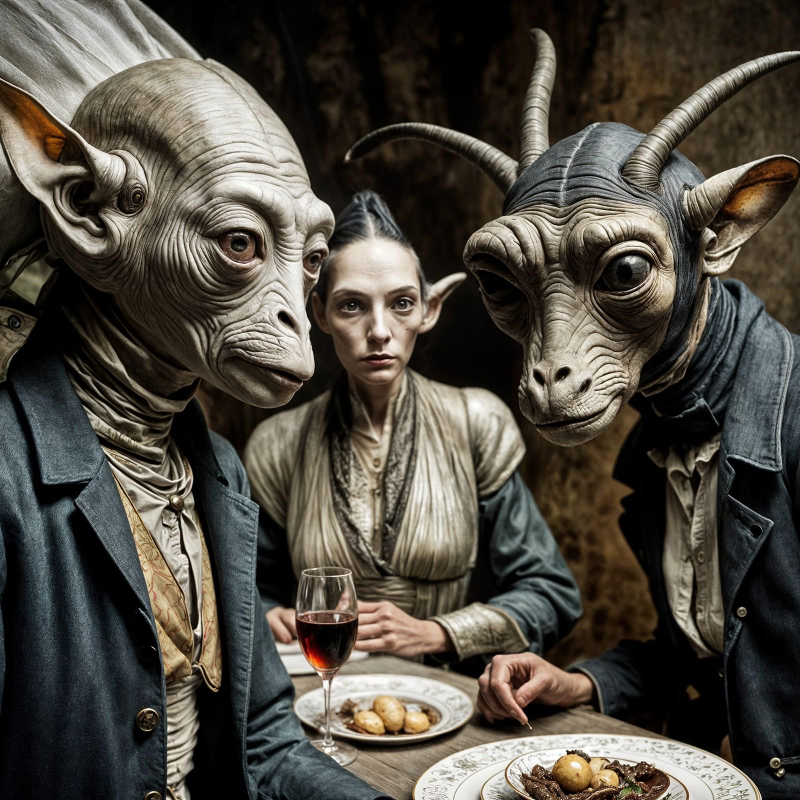 Surreal Alien Celebration in Dreamy Restaurant