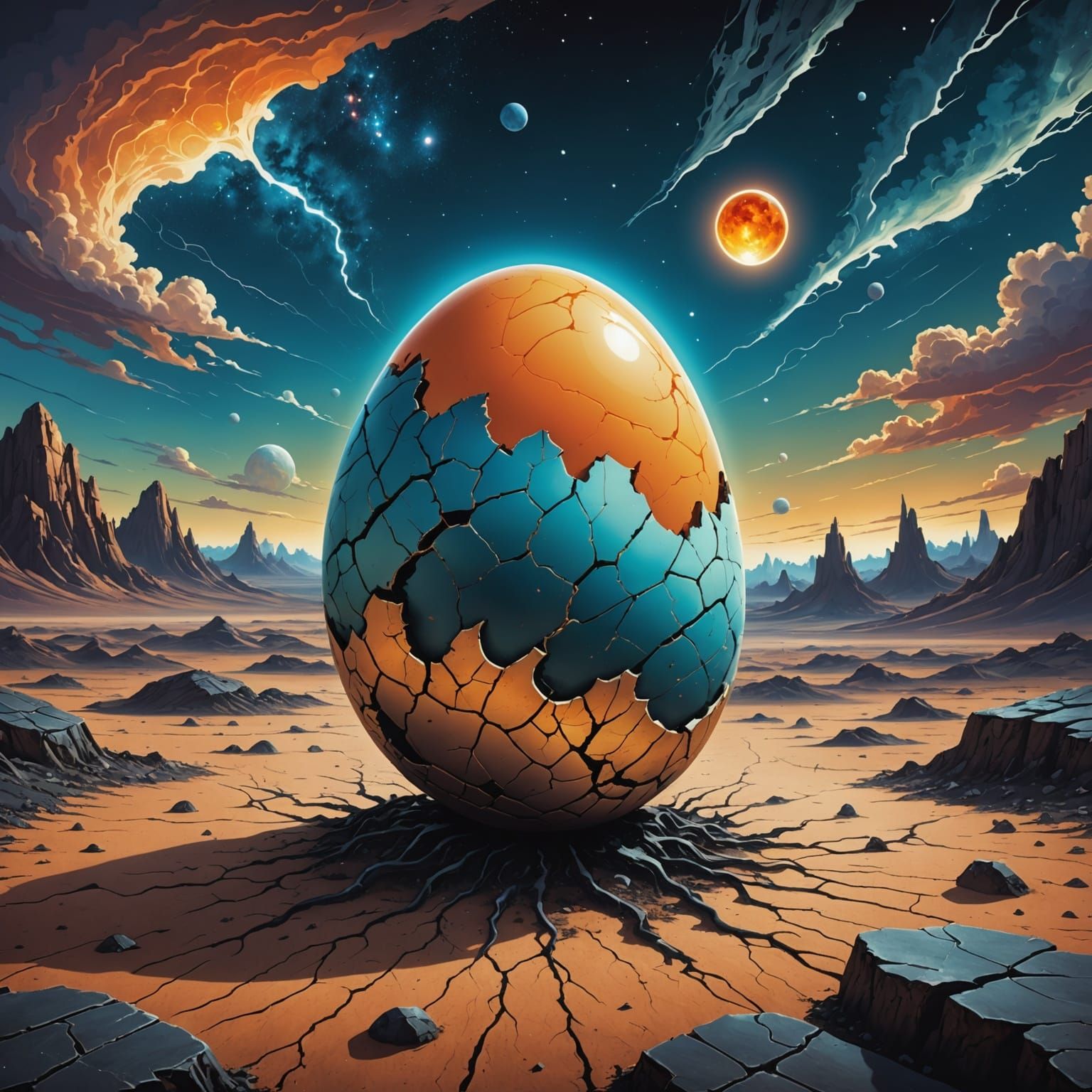 Alien Egg Birth on Desolate Planet with Cosmic Sky