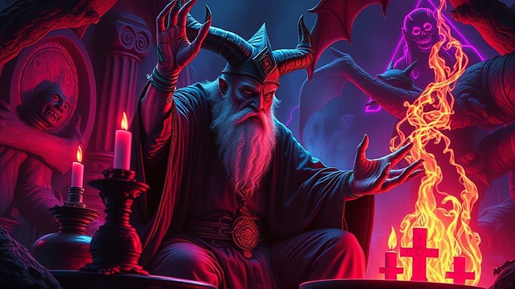 Alchemist Summons Demon in Synthwave Neon Style