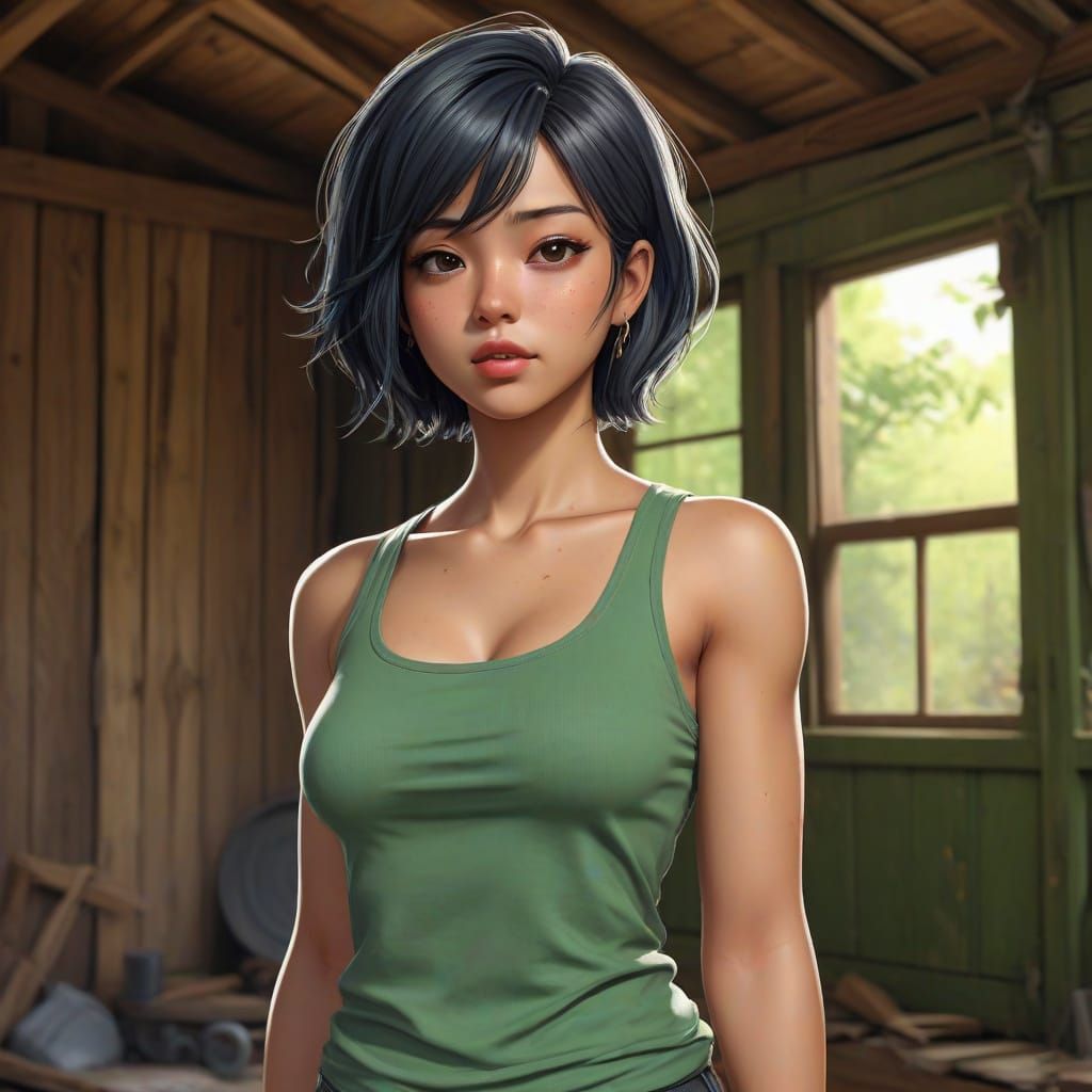 Afroasian Girl in Old Shed, Realistic Anime Style